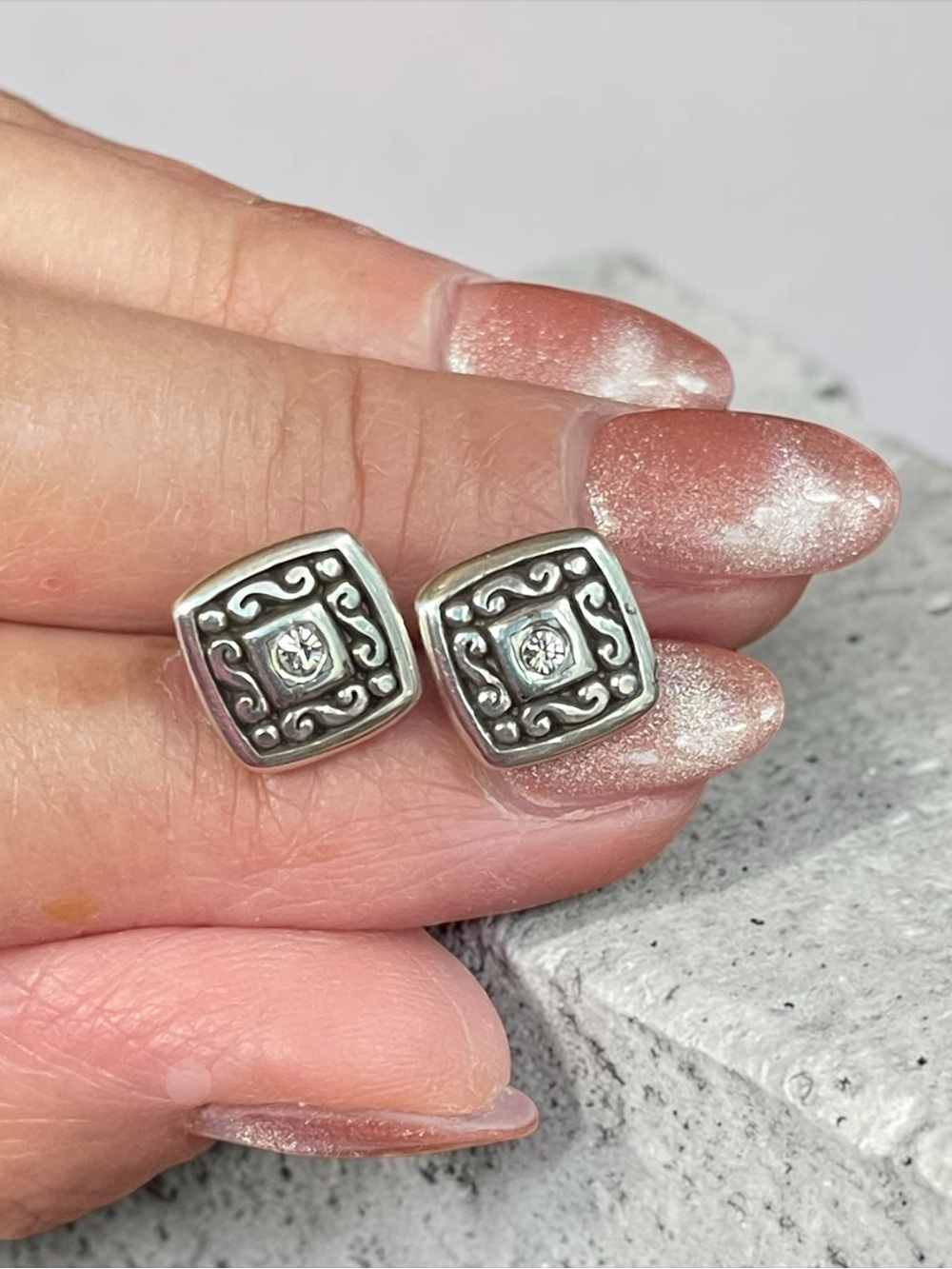 Brighton Silver Tone Square Scroll Stud Earrings